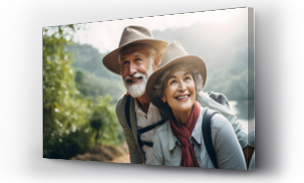 Wizualizacja Obrazu : #648645585 Active senior Asian couple go outdoor for nature travel adventure. Elder retirement happy healthy lifestyle activity concept. Generative AI