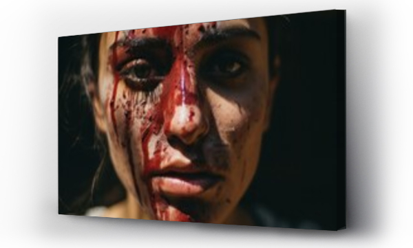 Wizualizacja Obrazu : #648657747 A close-up image of a person with blood on their face. This image can be used to depict horror, injury, violence, or Halloween-themed concepts.