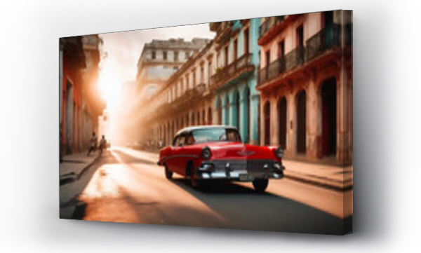 Wizualizacja Obrazu : #648679464 Red retro vintage oldtimer car in Havana like city. Extremely detailed and realistic high resolution concept design illustration