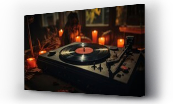 Wizualizacja Obrazu : #648928485 Photo of a vintage record player surrounded by flickering candles