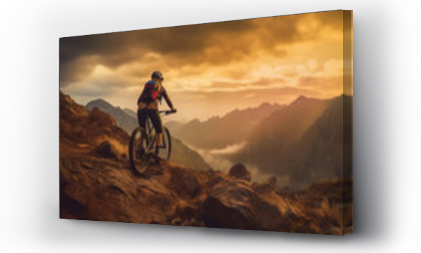Wizualizacja Obrazu : #649065917 Woman rides sports bike in mountains, cyclist on rock top at sunset