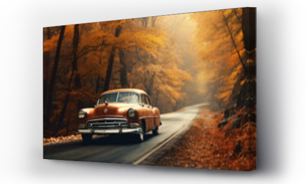 Wizualizacja Obrazu : #649213774 Vintage car driving on the road in the autumn forest