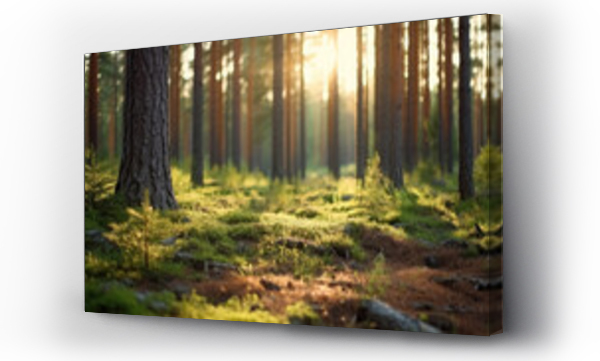 Wizualizacja Obrazu : #649330772 Nordic pine forest in the evening light. Short depth-of-field.