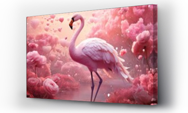 Wizualizacja Obrazu : #649334737 A vibrant pink flamingo standing gracefully amidst a colorful field of blooming flowers