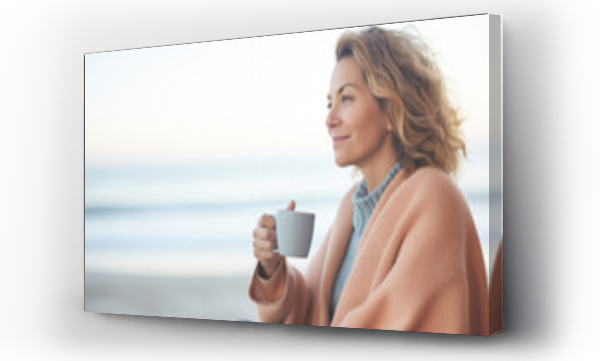 Wizualizacja Obrazu : #649392252 A middle-aged woman, wrapped in a peach-colored knit coat, enjoys a cup of coffee on the beach, her sanctuary for moments of calm, tranquility, and well-being. copy space