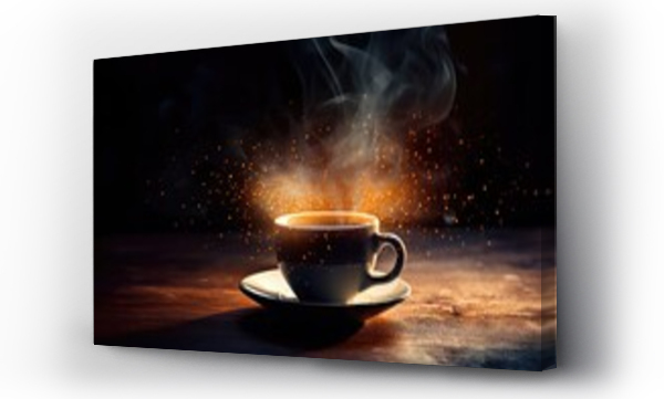 Wizualizacja Obrazu : #649512474 Black hot coffee cup and golden smoke on dark wood table. Mug with steaming smoke on dark background with golden lights, glittering sparkles and bokeh. Warm, light atmosphere. Magic mourning