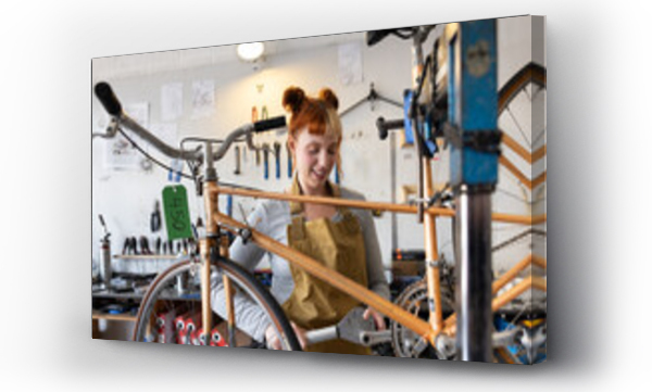 Wizualizacja Obrazu : #649666304 Young adult female repairing a bicycle in a bike store