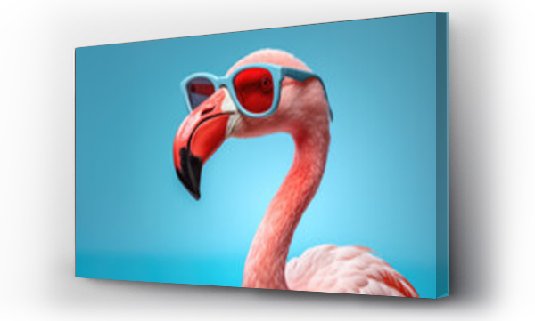 Wizualizacja Obrazu : #649684531 Portrait of a flamingo wearing blue sunglasses on a light blue isolated background 