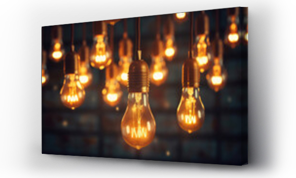 Wizualizacja Obrazu : #649720158 A group of Multiple retro-style light bulbs in a dark room, casting a nostalgic glow. They create a captivating vintage ambiance. Idea concept. Teamwork