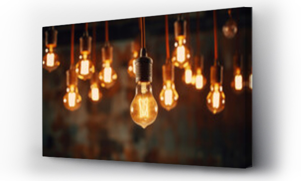 Wizualizacja Obrazu : #649720204 A group of Multiple retro-style light bulbs in a dark room, casting a nostalgic glow. They create a captivating vintage ambiance. Idea concept. Teamwork
