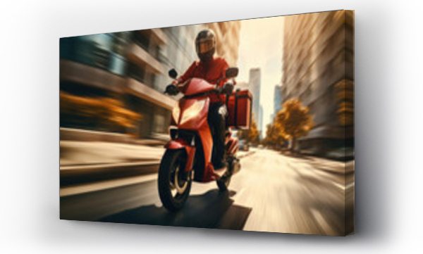 Wizualizacja Obrazu : #650142939 Food delivery boy on motorcycle, scooter moving fast to deliver parcel