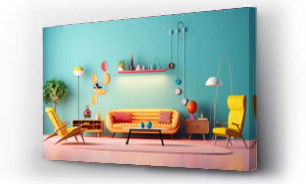 Wizualizacja Obrazu : #650226642 The interior space is in a retro and minimalist style and with colorful pastel colors