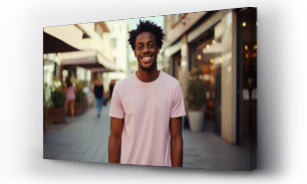 Wizualizacja Obrazu : #650657610 Portrait of young fashion smiling African American man with solid color cloth, Plaza shopping district background.