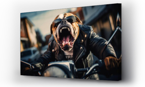Wizualizacja Obrazu : #650669702 Badass angry biker bulldog with sunglasses and black leather coat riding motorbike in the city street. Generative AI