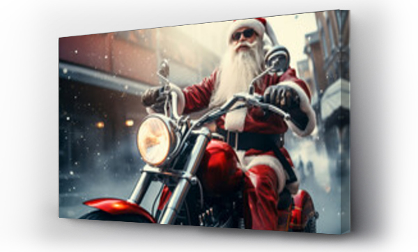 Wizualizacja Obrazu : #650675288 Portrait of brutal Santa Claus in red clothing and black sunglasses rides a chopper motorcycle. 