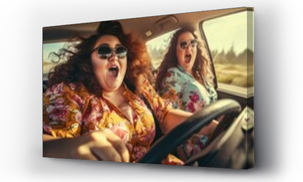 Wizualizacja Obrazu : #650773674 Two plus size women driving a car. Two overweight friends went on a trip by car