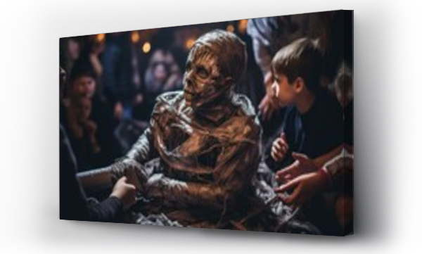 Wizualizacja Obrazu : #650823219 Photo of a group of people admiring a mummy dressed child in a public space at halloween