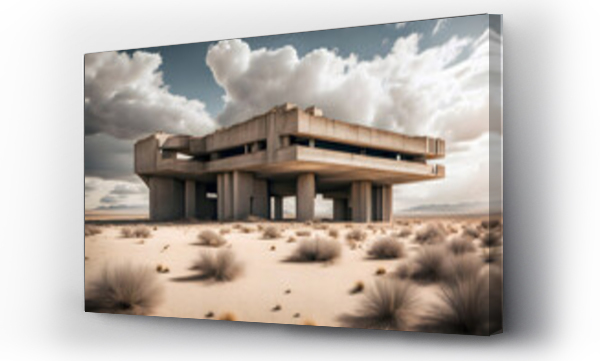 Wizualizacja Obrazu : #650840184 abandoned ruined concrete industrial brutalist building in desert landscape