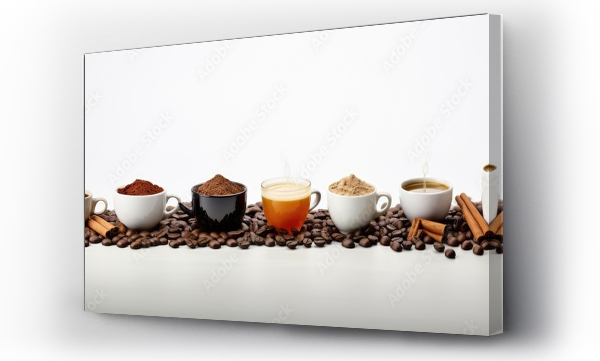 Wizualizacja Obrazu : #650842540 Various coffee types and ingredients on white background with space for text