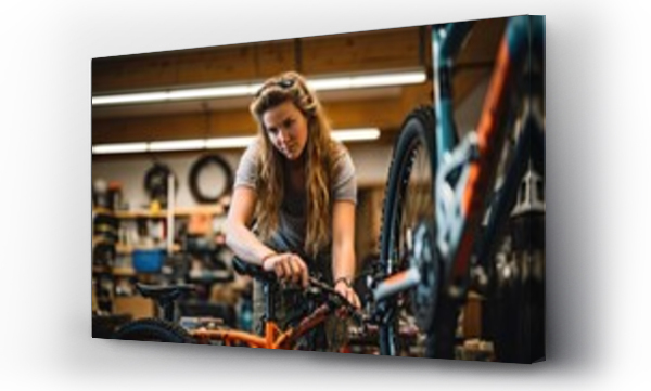 Wizualizacja Obrazu : #650858851 Young woman working fixing at a bike workshop. Women in industry, young women hand blue collar