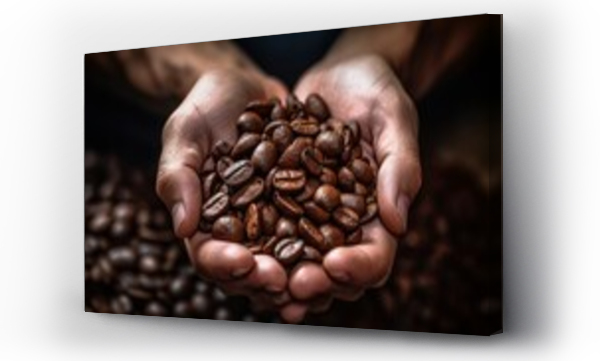 Wizualizacja Obrazu : #650922004 a human person hands holding coffee beans. top down perspective from up above. farmer working at coffee plantation. coffee import and export. wallpaper background 16:9. Generative AI