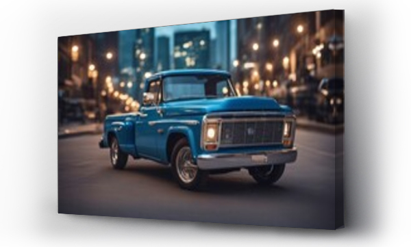 Wizualizacja Obrazu : #651193722 T-shirt design of a retro blue pickup car with a city in the background