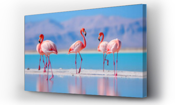 Wizualizacja Obrazu : #651584251 Wild african birds, Group african flamingos walking around the blue lagoon on a sunny day