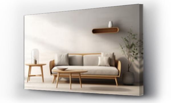Wizualizacja Obrazu : #651642211 Sofa and Coffee Table Against the far wall, theres a sleek, light gray Scandinavian-style sofa with clean lines and wooden legs In front of it sits a low, oval-shaped coffee table made of light oak