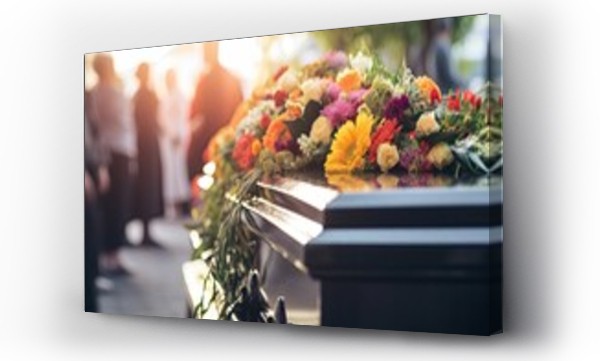 Wizualizacja Obrazu : #651709694 A funeral service with a coffin, flowers, and mourners in a church, symbolizing grief, remembrance, and the celebration of a life passed away.