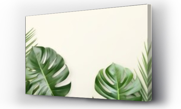 Wizualizacja Obrazu : #651717525 Mock up with flat lay monstera tropical leaves with free space for text. Background for product presentation or showcase