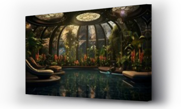 Wizualizacja Obrazu : #651826492 Exotic futuristic style greenhouse spa in art deco design interior at a luxury hotel