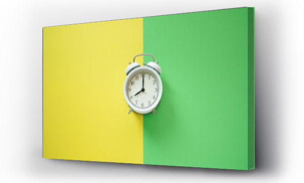Wizualizacja Obrazu : #651842973 White retro alarm clock on yellow and green table background, vintage style, flat lay
