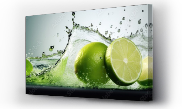 Wizualizacja Obrazu : #652014270 A Lime Fruit Slice Accompanied By Leaves And A Green Juice Splash Representing A Mojito Drink