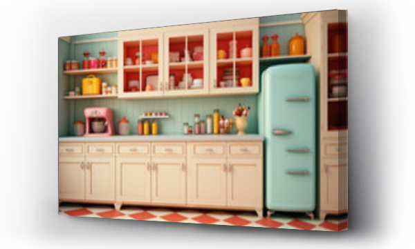 Wizualizacja Obrazu : #652020510 A 1950s-style kitchen with pastel-colored appliances and checkered floors. Concept of retro home design. Generative Ai.