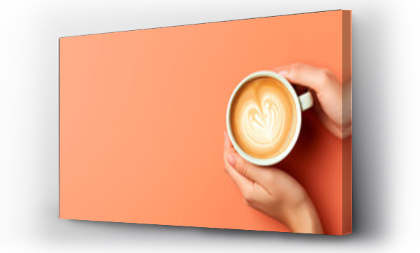 Wizualizacja Obrazu : #652047934 Womans hands holding a white cup of coffee with a drawing on the foam on a brick colored background with space for text, logo or inscriptions.generative ai
