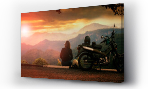 Wizualizacja Obrazu : #652112716 woman sitting beside motorcycle at beautiful viewpoint and looking to sunset scene