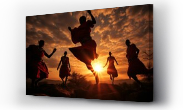 Wizualizacja Obrazu : #652173409 Maasai warriors in traditional red shuka perform a high jump dance on Kenyas vast savannah; long exposure captures their elevated motions against the backdrop of a setting sun