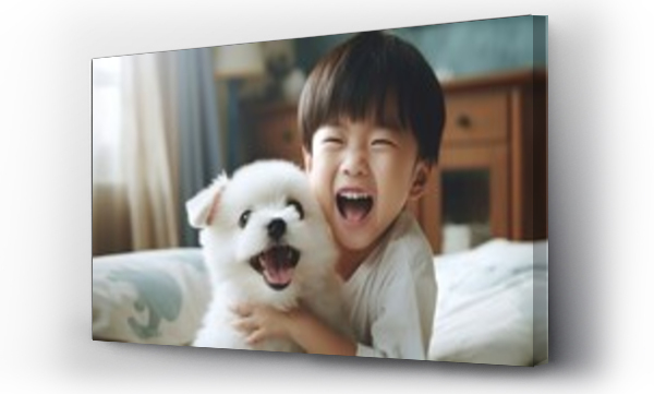 Wizualizacja Obrazu : #652325450 Happy asian kid with dog playing at home, Friendship and loyalty.