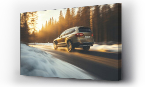 Wizualizacja Obrazu : #652360488 Car on snowy road in winter forest. Danger driving on slippery road at blizzard