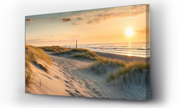 Wizualizacja Obrazu : #652804645 Golden serenity. Tranquil evening on sandy coast. Coastal dreams. Sun kissed dunes by sea. Horizon haven. Embracing beauty of north sea