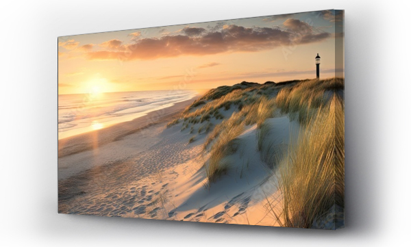 Wizualizacja Obrazu : #652804822 Golden serenity. Tranquil evening on sandy coast. Coastal dreams. Sun kissed dunes by sea. Horizon haven. Embracing beauty of north sea