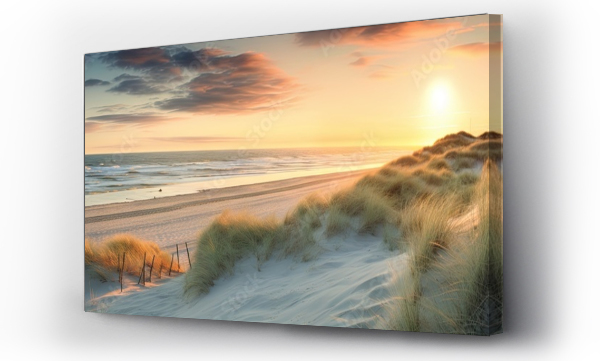 Wizualizacja Obrazu : #652804918 Golden serenity. Tranquil evening on sandy coast. Coastal dreams. Sun kissed dunes by sea. Horizon haven. Embracing beauty of north sea