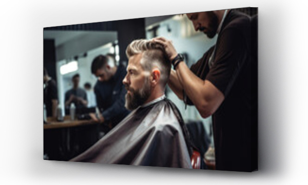Wizualizacja Obrazu : #652842560 Barber serving a stylish bearded client in a retro barbershop