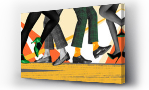Wizualizacja Obrazu : #652982477 Party and leisure time. Male and female legs in shoes and heels over colorful background. People dancing. Concept of retro dance, vintage, hobby, creativity, inspiration. Colorful design. Poster, ad