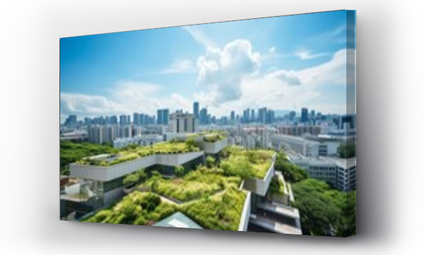Wizualizacja Obrazu : #653015157 A captivating high-angle view of a city, effortlessly blending modern architecture with sustainable practices. Buildings, bedecked with solar panels and verdant green roofs