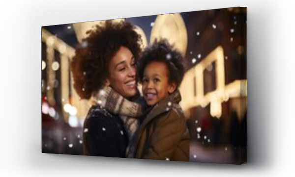 Wizualizacja Obrazu : #653061487 A joyous mixed-race black mother and her child share a heartwarming moment in the city square. The ambiance captures the festive spirit of the winter season.