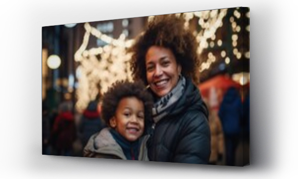 Wizualizacja Obrazu : #653061512 A joyous mixed-race black mother and her child share a heartwarming moment in the city square. The ambiance captures the festive spirit of the winter season.