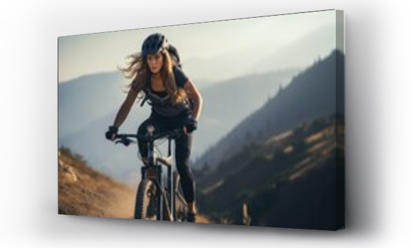 Wizualizacja Obrazu : #653242877 Young woman riding bicycle on beautiful mountain trail in morning, cyclist on sports bike, Generative AI