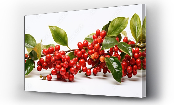 Wizualizacja Obrazu : #653254144 Red coffee beans and berries on a branch of a coffee tree ripe and unripe isolated on a white background