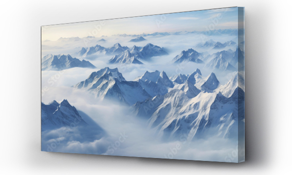 Wizualizacja Obrazu : #653364744 aerial view, jagged mountain range, pristine snow caps, piercing through a sea of clouds, dramatic lighting